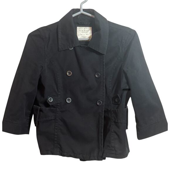 Y2K Old Navy Black Cropped Trench Coat Small Cotton Transitional Lightweight - Picture 1 of 8